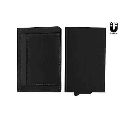 Carteira preta de pele composta por duas peças com logo em relevo e símbolo magnético
