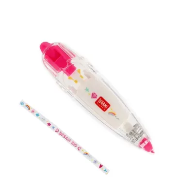 Corretor em fita LEGAMI transparente com tampa rosa e fita corretora branca decorada