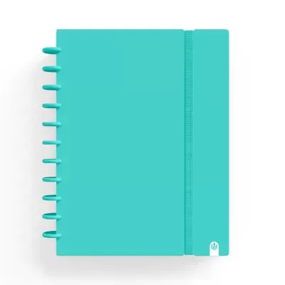 Caderno azul turquesa com elástico e argolas