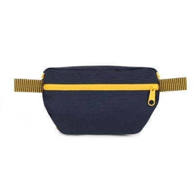 Bolsa de cintura azul escuro com fecho amarelo e alças laterais às riscas amarelas e pretas