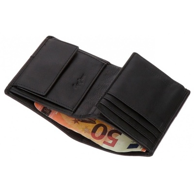 Carteira preta de pele aberta com nota de 50 euros