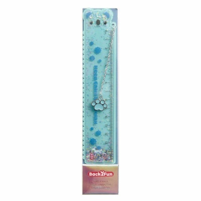 Régua azul com formato de urso, glitter, flores, pendente de pata azul e embalagem Back2Fun