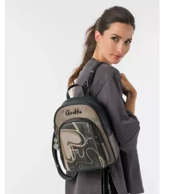 Mochila feminina abstrata bege verde preto com logo Anekke e alças ajustáveis