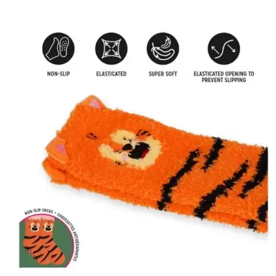 Meias felpudas laranja com padrão de tigre e rosto de tigre