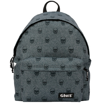 Mochila cinza escuro com padrão de caveiras pretas e bolso frontal