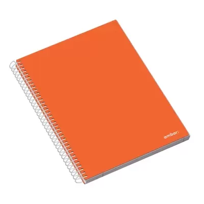 Caderno espiral laranja com capa rígida e texto ambar na capa