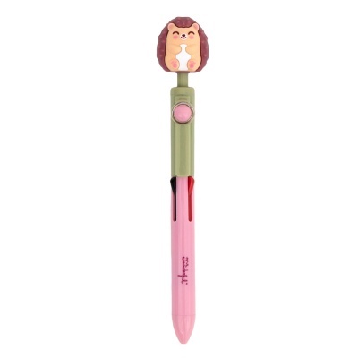 Caneta multicolor rosa com decoração de ouriço no topo