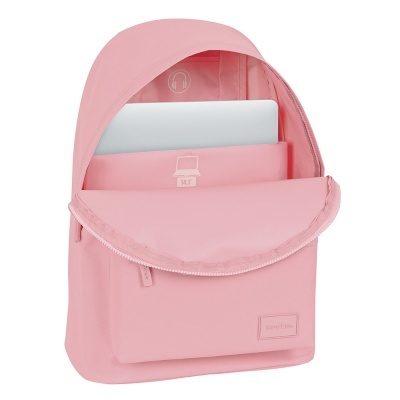 Mochila rosa com compartimento para portátil aberta
