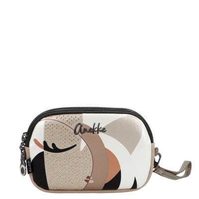 Bolsa pequena bege com padrão abstrato e assinatura Anekke