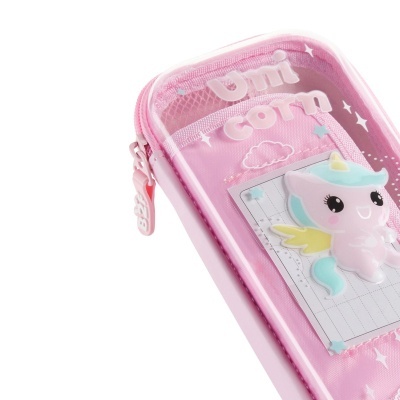 Estojo escolar rosa com decoração de unicórnio e texto Uni corn