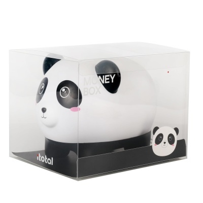 Mealheiro panda branco e preto na embalagem transparente com texto Money Box