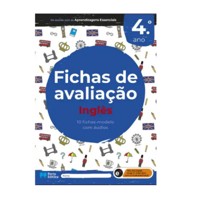 Capa de livro educativo com texto Fichas de avaliação Inglês 4º ano e ilustrações coloridas