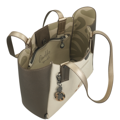 Mala de mão castanha e bege com interior em camuflagem e detalhes em dourado