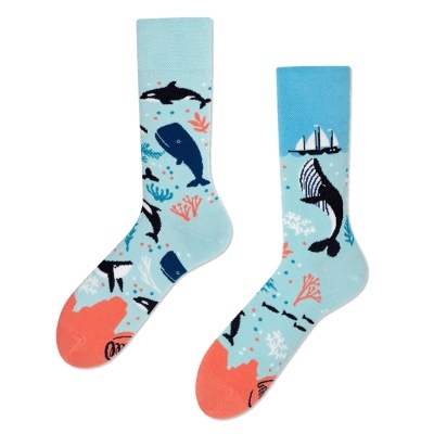 Meias azuis claras com padrão de baleias, orcas, corais e navios, biqueira coral