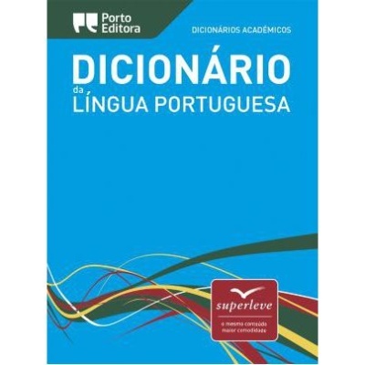 Capa azul de dicionário de língua portuguesa com linhas coloridas e selo superleve