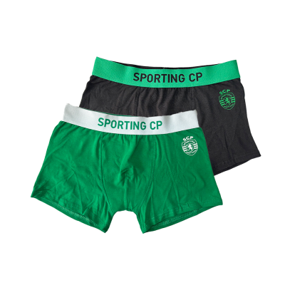 Dois boxers, um verde com cintura branca e outro preto com cintura verde, ambos com texto SPORTING CP e logótipo SCP