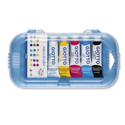 Conjunto de 5 tubos de tinta Giotto em estojo azul transparente.