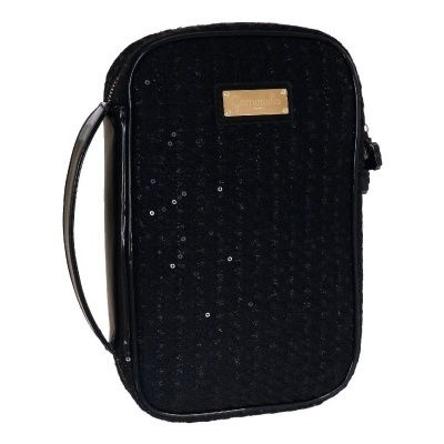 Bolsa preta com textura de lantejoulas e etiqueta metálica Camomila