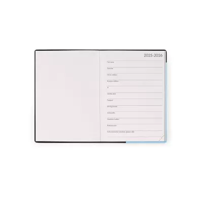 Página aberta de caderno com campos para informações pessoais 2025-2026