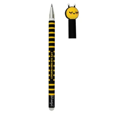Caneta esferográfica com padrão de abelha e tampa com cabeça de abelha amarela