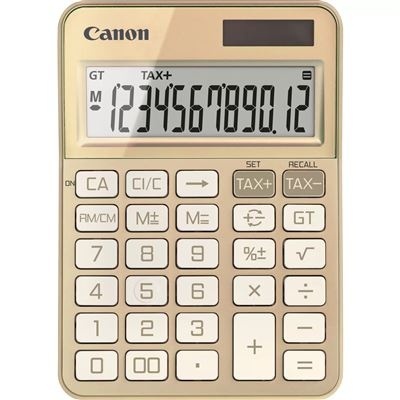 Calculadora Canon bege com visor LCD e números visíveis