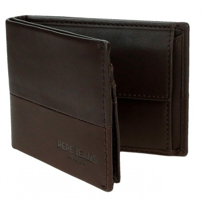 Carteira de pele castanha com texto PEPE JEANS LONDON