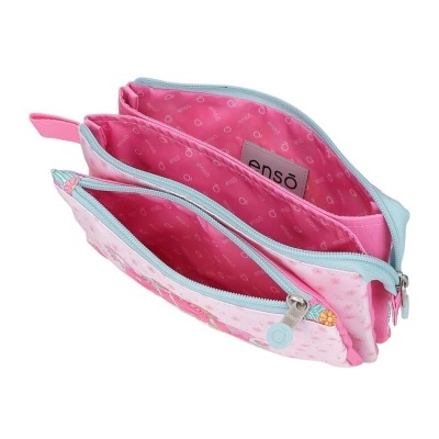 Estojo rosa com fecho azul claro e interior rosa com etiqueta ensō