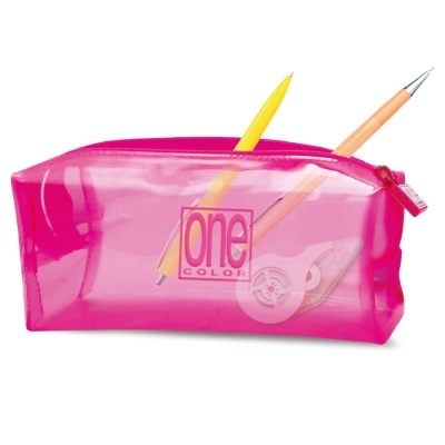 estojo plástico rosa transparente com lápis, caneta e corretor