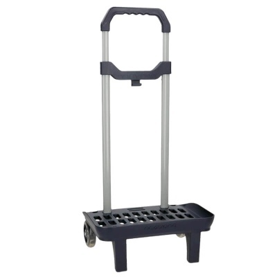 Carrinho de transporte dobrável com estrutura metálica e base preta com rodas.
