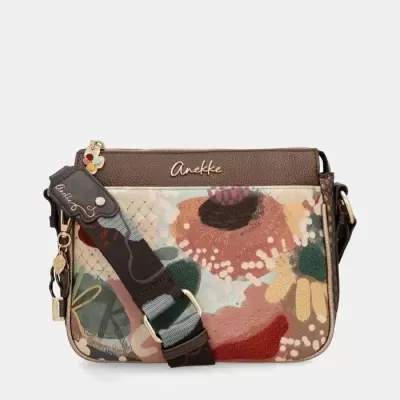 Mala de tiracolo Anekke castanha com padrão floral abstrato e alça larga decorada