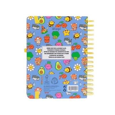 Caderno espiral colorido com texto em português na capa azul