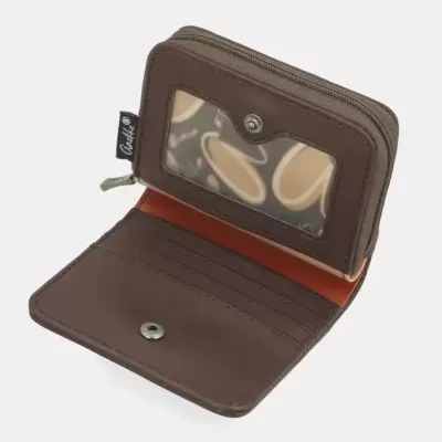 Carteira castanha aberta com janela transparente e etiqueta Antik®
