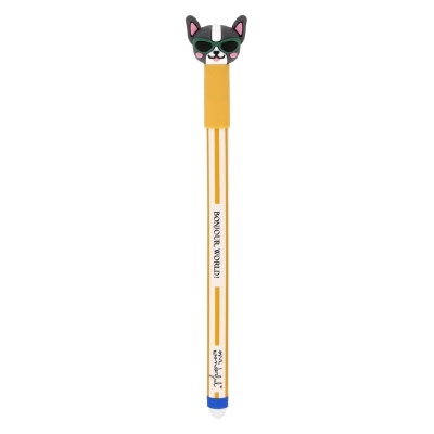 Caneta com cabeça de cão e texto BONJOUR, WORLD!