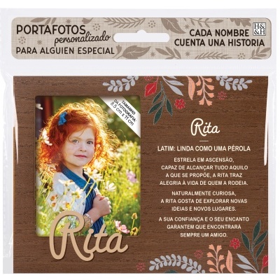 Porta-fotos personalizado 'Rita' de madeira com decoração floral colorida e texto em português.