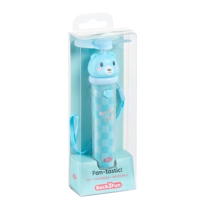 Ventoinha portátil azul com cabeça de urso na embalagem