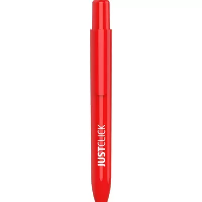 Caneta esferográfica vermelha com clip e texto JUSTCLICK