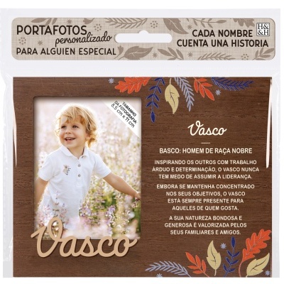 Porta-fotos personalizado de madeira com decoração floral e texto do nome Vasco