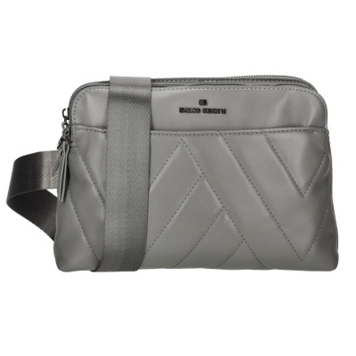 Bolsa cinzenta com padrão geométrico, fecho de correr e alça larga