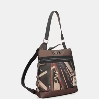 Mala de ombro castanha com padrão abstrato e fecho com zíper