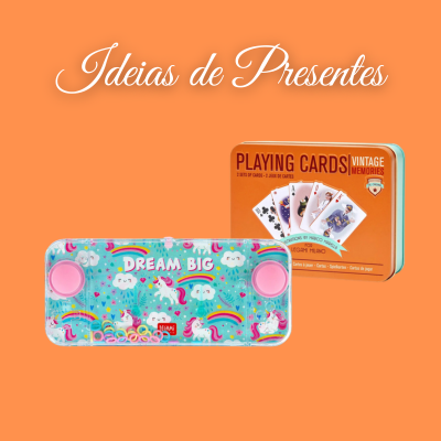 Caixa de baralho vintage laranja e caixa colorida com unicórnios e texto dream big