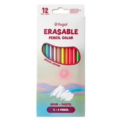 Pacote branco de lápis de cor apagáveis Fegol com 12 lápis em cores neon e pastel