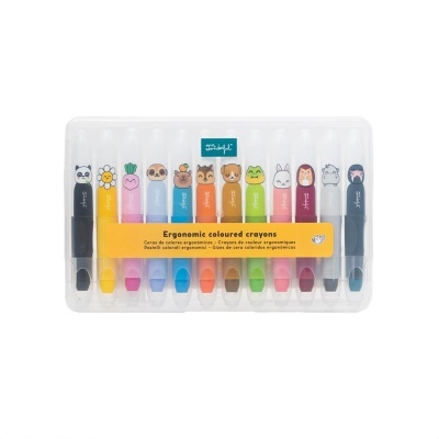 Conjunto de 12 pastéis de cera coloridos com desenhos de animais e flores em embalagem de plástico transparente