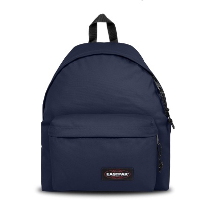 Mochila azul escuro com bolso frontal e etiqueta EASTPAK
