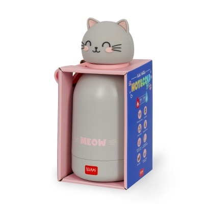 Garrafa térmica cinzenta com tampa de gato em caixa cor-de-rosa e azul