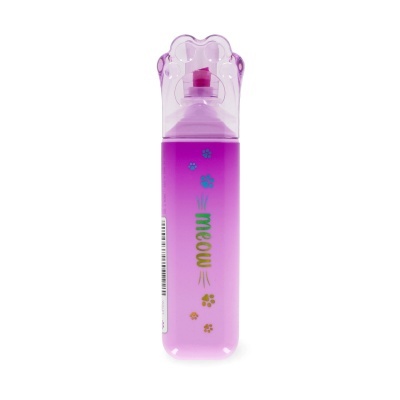 Frasco plástico violeta com tampa em forma de pata e texto meow