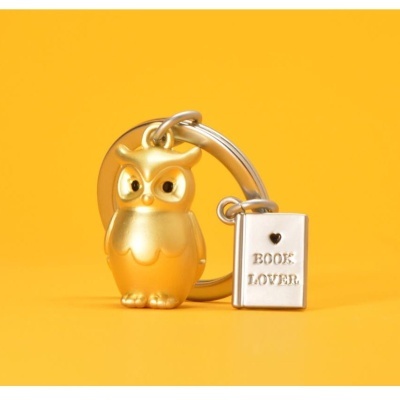 Porta-chaves com coruja dourada e pendente prateado em forma de livro