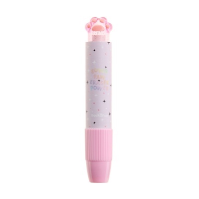 Borracha rosa e lilás com forma de pata colorida no topo e texto decorativo.