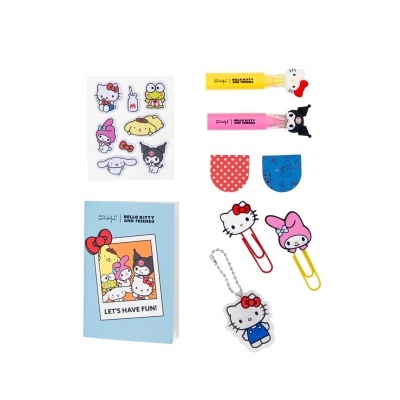 Conjunto Hello Kitty and Friends com caderno, autocolantes, marcadores, clips e chaveiro.