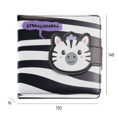 Carteira infantil com riscas de zebra e rosto de zebra sorridente