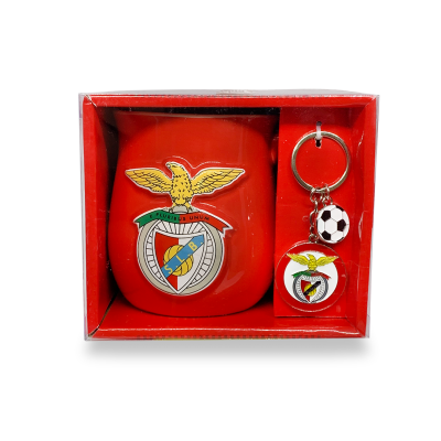 Conjunto de caneca vermelha e porta-chaves com emblema SLB em embalagem vermelha
